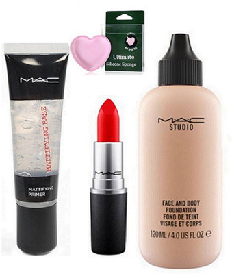 

fancify Silicon puff & mac face and body foundation with matte finish long lasting lipstick& Mac Mattifying Base Primer(Set of 4)