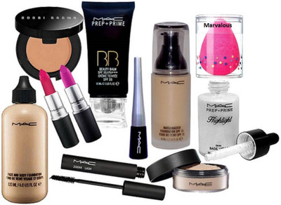 

Marvalous Sponge Puff & Mac Face&Body & Matchmaster Foundation & Zoom Lash & Mascara+Eyeliner & BB Beauty Balm Cream & Prep+Prime Highlighter & Loose Powder & Lipstick (Pack Of 2) & Bobbi Brown Concealer(Set of 11)