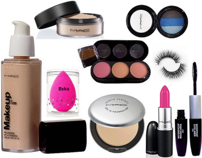 

eska Sponge Puff With Makeup Pro Longwear Foundation Spf 10, Mac Studio Prefect Compact,Candy Yum-yum Lipstick, 3 Shade Blusher,Loose Powder, 3 Color Shade Eyeshadow & Colocbar 2 in 1 Eyeliner+Mascara,Eyelashes(Set of 9)