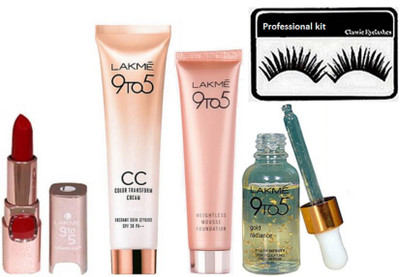 

professional kit Eyelashes , 9to5 Weightless Mousse Foundation With Skin Base Primer & CC Color Transfrom Cream SPF 30 PA++ & matte finish Lipstick(Set of 5)