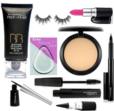 

eska Silicon Puff, Mac Prep-Prime BB Beauty Balm Foundation, Compact, Liquid Eyeliner, Haute And Naughty Mascara, Eyelashes, Candy Yum-Yum Lipstick, Pen Eyeliner, Stick Kajal(Set of 9)