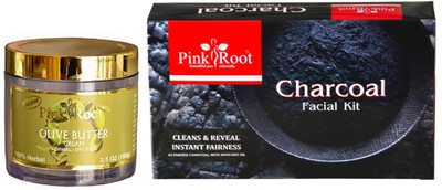

Pink Root CHARCOAL FACIAL KIT 83GM WITH OLIVE BUTTER CREAM 100GM(Set of 2)