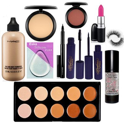 

eska Silicon Puff, Face And Body Foundation, Compact, Pen Eyeliner, Padma Eyeliner, Mascara, Candy Yum-yum Lipstick, Eyelashes, Prep-Prime Face Primer, Blusher, 10 Shade Concealer Palette(Set of 10)
