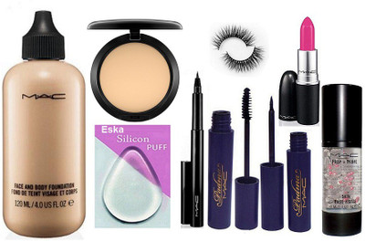 

eska Silicon Puff, Mac Face And Body Foundation, Compact, Pen Eyeliner, Padma Eyeliner, Mascara, Candy Yum-yum Lipstick, Eyelashes, Prep-Prime Face Primer(Set of 9)