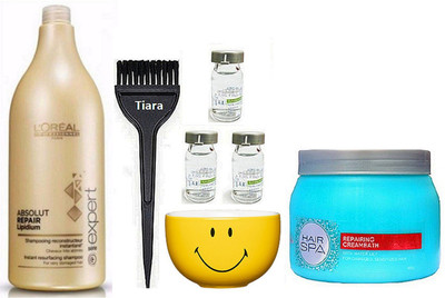 

tiara Brush & Bowl , Purifiying Concentrate , L'oreal Professional Absolut Repair Lipidium Shampoo 1500 ml , Repairing Creambath hair Spa(Set of 5)