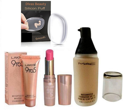 

divas beauty Silicon Puff & Weightless Mousse Fundation &Lipistick, MatchMaster Liquid Foundation SPF15(Set of 4)