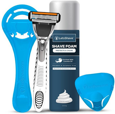 

LetsShave Pace 4 Shaving Trial Kit for Men - Pace 4 Blade + Razor Handle + Razor Cap + Razor Stand + Shaving Foam 200 g(Set of 5)