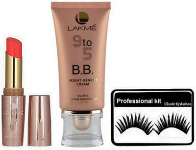 

professional kit Eyelashes , Lakme 9 To 5 B B Cream With Ornge Lipstick(Set of 3)