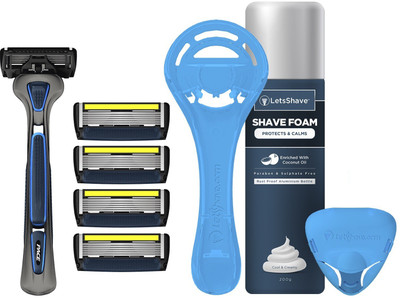 

LetsShave Pace 6 Pro Shaving Kit for Men (Ultra-sharp 6 blade Design + Trimmer) Pack of 4 + Handle + Shave Foam 200 g + Razor Cap & Stand(Set of 8)
