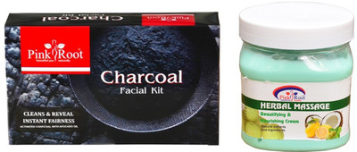 

Pink Root CHARCOAL FACIAL KIT 83GM WITH HERBAL MASSAGE CREAM 500ML(Set of 2)