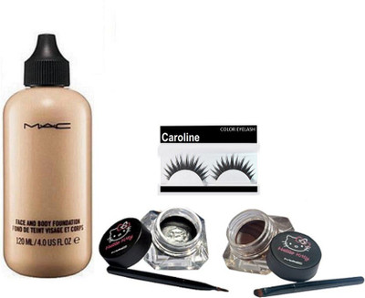 

caroline Eyelashes & Face & Body Liquid Foundation, Gel Eyeliner Two way Black and Brown(Set of 3)