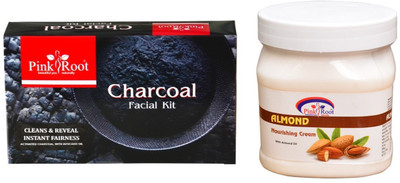 

Pink Root CHARCOAL FACIAL KIT 83GM WITH ALMOND CREAM 500ML(Set of 2)