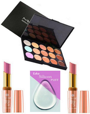 

eska Silicon puff , 15 Shade Concealer Palette& 9to5 Lipstick 2 Different Shade(Set of 4)