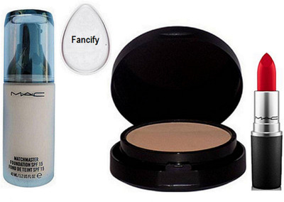 

Fancify Silicon Puff & Lipstick Red, Powder Plus Foundation Studio Fix Pressed Powder compact& Match Master SPF15 Make-Up Foundation(Set of 4)