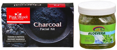 

Pink Root CHARCOAL FACIAL KIT 83GM WITH ALOVERA GEL SCRUB 500ML(Set of 2)