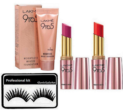 

professional kit Eyelashes , weightless mousse foundation & primer+matte finish long lasting lipstick (set of 2)(Set of 4)