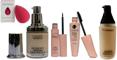 

divas beauty Sponge puff & Mac Mineralize moisture Spf15 foundation 40ml, MatchMaster Liquid Foundation SPF15, Lakme 9 to 5 waterproof Eyeliner & Mascara(Set of 5)