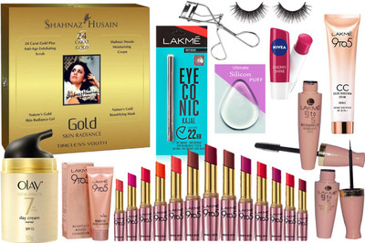 

Ultimate Silicon Puff & With Shahnaz Hussain Gold Facial kit & Olay Cream,Liquid Eyeliner & Mascara & Eyeconic Kajal & Lip Balm With Eyelashes & Eyelashes Curler,Mousse Foundation,Lipstick 13 Diffrent Shades(Set of 24)