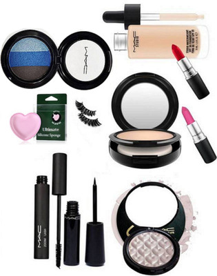 

Ultimate Silicon Puff & Mac Studio Fix Compact, Waterweight Foundation, Zoom Lash Mascara, Waterproof Eyeliner, Selena Illuminator, Pink and Red Shade Lipstick, 3 shade Eyeshadow With Eyelashes(Set of 10)