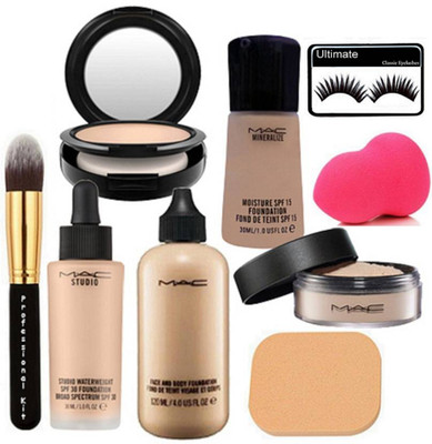 

eska Eyelashes With Sponge Puff2 And Mac Mineralize Foundation,Mac face And Body Foundation & Studio Waterweight Foundation,Face Loose Powder & Studio Fix Compact & Makeup Brush(Set of 9)