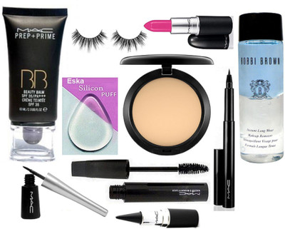 

eska Silicon Puff, Mac Prep-Prime BB Beauty Balm Foundation, Compact, Liquid Eyeliner, Haute And Naughty Mascara, Eyelashes, Candy Yum-Yum Lipstick, Pen Eyeliner, Stick Kajal, Bobbi Brown L:iquid MakeUp Remover(Set of 10)