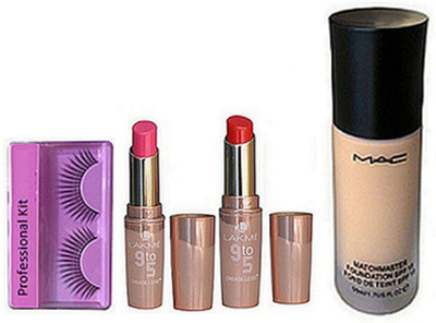 

Professional kit Eyelashes, Match Master Foundation ,Lakme 9 To 5 Lipstick Pack of 2(Set of 4)