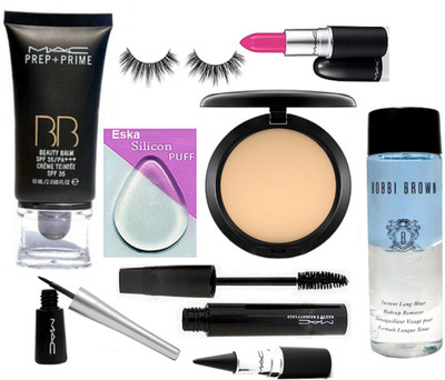 

eska Silicon Puff, Mac Prep-Prime BB Beauty Balm Foundation, Compact, Liquid Eyeliner, Haute And Naughty Mascara, Eyelashes, Candy Yum-Yum Lipstick, Stick Kajal, Bobbi Brown Liquid MakeUp Remover(Set of 9)