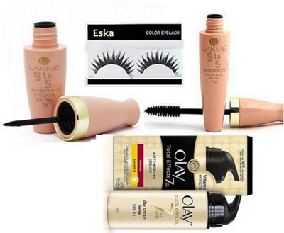 

eska Eyelashes And olay Cream 20g, Lakme 9to5 Eyeliner And Mascara(Set of 4)