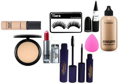 

tiara Eyelashes , Mac Face & Body Foundation , Compact , Padma Eyeliner & Mascara , Pro Long Wear Concealer , Stick Kaj. , Spounge Puff , Lakme Enrich Lipstick(Set of 9)