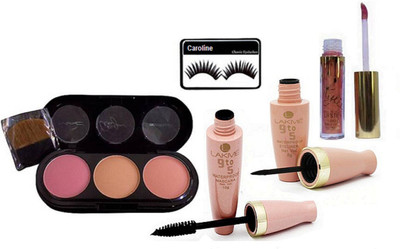caroline Eyelashes & 3 Shade Blusher (Multi Shade), Liquid Eyeliner & Mascara, Liquid Lip Gloss(Set of 5)