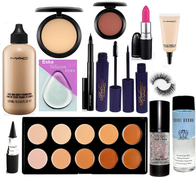 

eska Silicon Puff, Face And Body Foundation, Compact, Pen Eyeliner, Padma Eyeliner, Mascara, Candy Yum-yum Lipstick, Eyelashes, Prep-Prime Face Primer, Blusher, 10 Shade Concealer Palette, Select CoverUp, Stick Kajal, Bobbi brown Liquid MakeUp Remover(Set