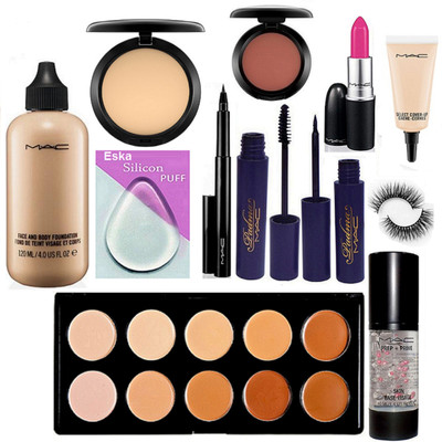 

eska Silicon Puff, Face And Body Foundation, Compact, Pen Eyeliner, Padma Eyeliner, Mascara, Candy Yum-yum Lipstick, Eyelashes, Prep-Prime Face Primer, Blusher, 10 Shade Concealer Palette, Select CoverUp(Set of 11)