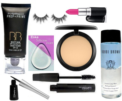 

eska Silicon Puff, Mac Prep-Prime BB Beauty Balm Foundation, Compact, Liquid Eyeliner, Haute And Naughty Mascara, Eyelashes, Candy Yum-Yum Lipstick & Bobbi Brown Liquid MakeUp Remover(Set of 8)