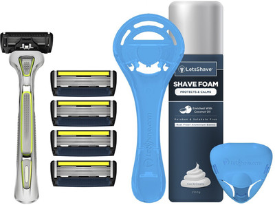 

LetsShave Pace 6 Pro Shaving Kit for Men - Pace 6 Pro Blade with Trimmer (Pack of 4) + Advanced Green Razor Handle + Razor Cap + Razor Stand + Shaving Foam 200 g(Set of 1)