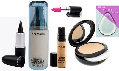 

eska Silicon Puff, Mac MatchMaster Foundation SPF 15, Compact, Pro Longwear Concealer,Stick Kajal,Candy yu-yum Lipstick(Set of 6)