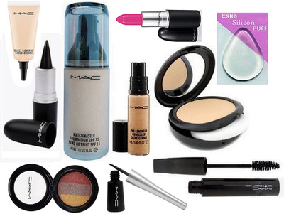 

eska Silicon Puff, Mac MatchMaster Foundation SPF 15, Compact, Pro Longwear Concealer,Stick Kajal,Candy yu-yum Lipstick, Haute And Naughty Mascara, Select Cover-Up, Liquid Eyeliner, 3 Color Eyeshadow(Set of 10)