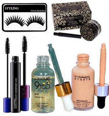 

styling Eyelashes, studio water weight foundation & Effect mascara and gel eyeliner, gold radiance face serum(Set of 5)