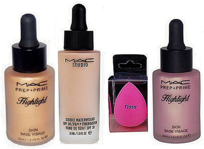 

tiara Spounge Puff , Mac Studio Waterweight Foundation , Prep+ Prime Highlighter Pack Of 2(Set of 4)
