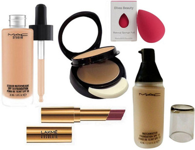 

divas beauty sponge puff , studio water weight liquid foundation , studio fix powder plus compact with MatchMaster Liquid Foundation SPF15, absolute argan lip color lipstick(Set of 5)