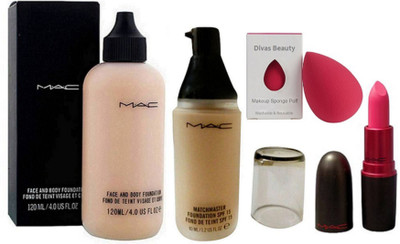 

divas beauty Sponge Puff, Mac. Face and Body Foundation with Lady gaga pink Matte Finish Lipstick, MatchMaster Liquid Foundation SPF15(Set of 4)