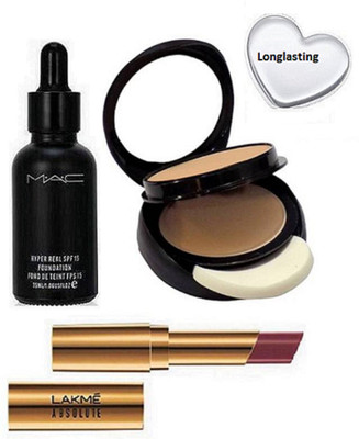 

Longlasting Silicon Puff& Hyper Real Foundation , powder plus compact with absolute argan lip color lipstick(Set of 4)