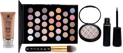 

Fancify Makeup brush & Mac 32 shade eyeshadow palette,Liquid last Eyeliner& illuminator , Lakme 9to5 bright benefit cream(Set of 5)