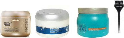 

comminors of hair brush & X-tenso care Conditioner & Absolute repair Conditioner & Deep norshing creambath hair spa (set of 4)(Set of 4)
