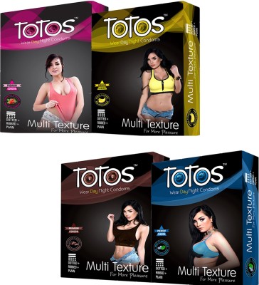 

TOTOS WEAR DAY NIGHT PRENIUM MINT & CHOCOLATE & BANANA & STRAWBERRY MULTI TEXTURE FOR MORE PLEASURE DOTTED FOR MEN CONDOM PACK -4 OF 40 PCS CONDOM FOR MEN Condom(Set of 4, 40S)