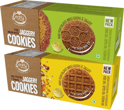 

Early Foods Assorted Pack of 2 - Organic Dry Fruit & Ragi Amaranth Jaggery Cookies X 2(300 g, Pack of 2)