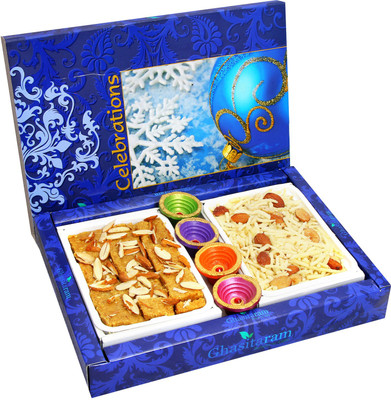 

Ghasitaram Gifts Mithai hampers- Besan Barfi, Namkeen and a Set of 6 Diyas Combo(8)