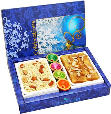

Ghasitaram Gifts Mithai hampers- Mysore Pak, Namkeen and a Set of 6 Diyas Combo(8)