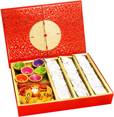 

Ghasitaram Gifts Mithai hampers- Red Box Kaju Katli, Diyas and Rangoli Box Combo(8)