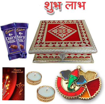 

Maalpani Best Diwali Hamper with 6x6 Golden German Oxodise Dry Fruits Box,Designer Meenakari Ganesh Kankavati, Shubh Labh Stickers and 2 Tealight Candle With 2 Golden Candle Holder and ,2 pcs Cadbury Dairy Milk Chololate 13.8, Diwali Greeting Cards Combo(