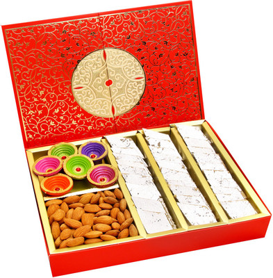 

Ghasitaram Gifts Mithai hampers- Red Box Kaju Katli, Almonds and Diyas Box Combo(8)